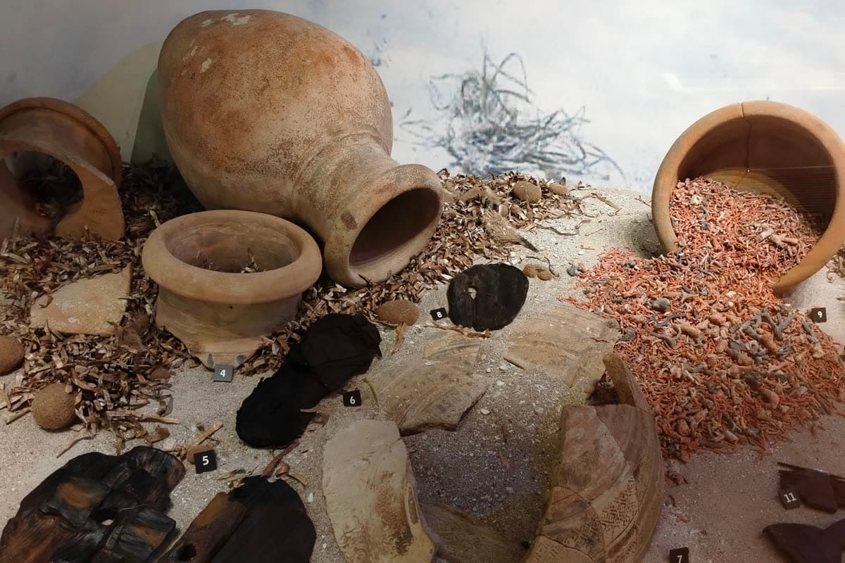 Amphorae and pottery fragments displayed in the archaeological museum of Alghero
