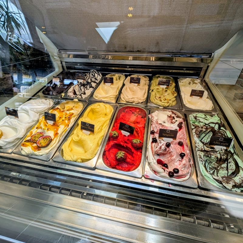 The display case of a gelateria, trays of gelato with their labels