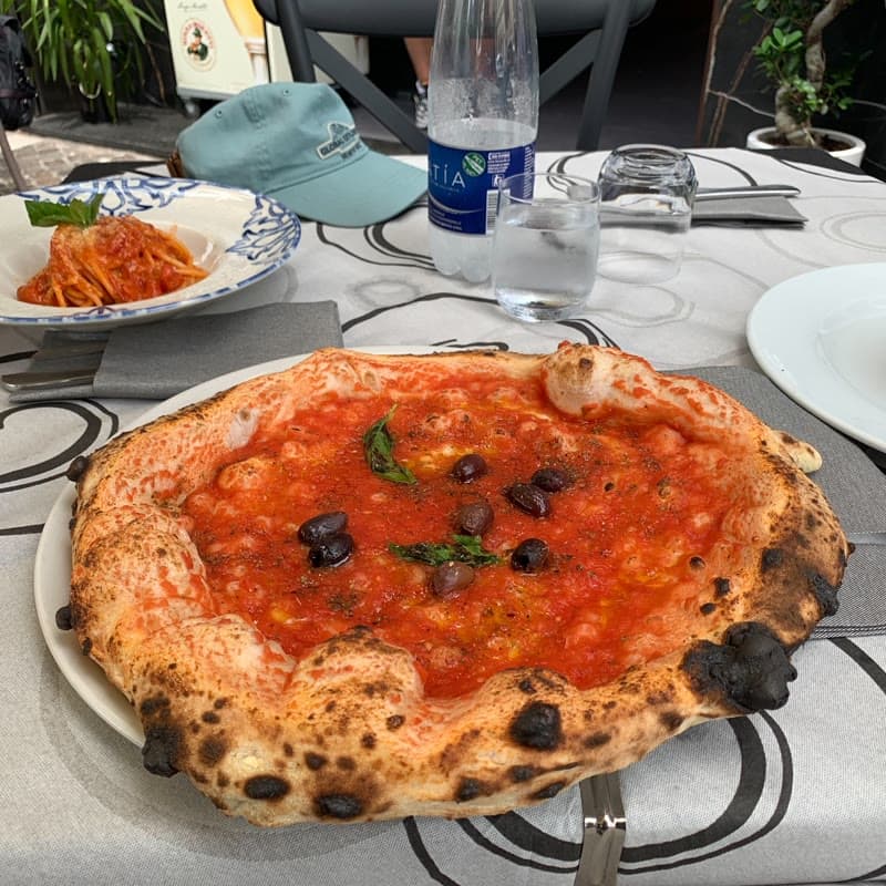 A Neapolitan pizza with a puffed, blistered rim, on a plate