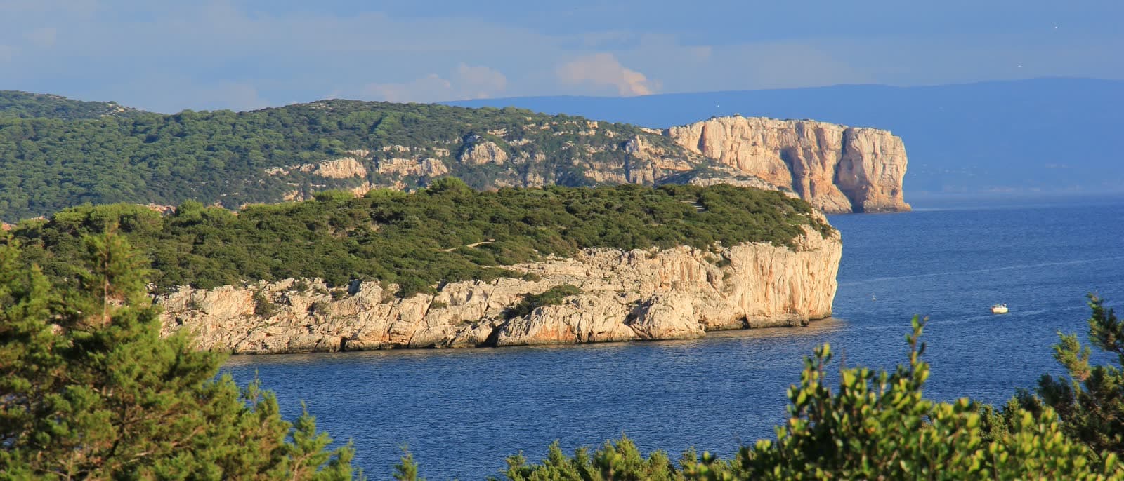 The green headland of Punta Giglio and the white cliff of Capo Galera above a calm sea.