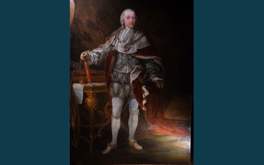 Gemaltes Porträt von Viktor Amadeus II. von Savoyen in Rüstung und Hermelinmantel